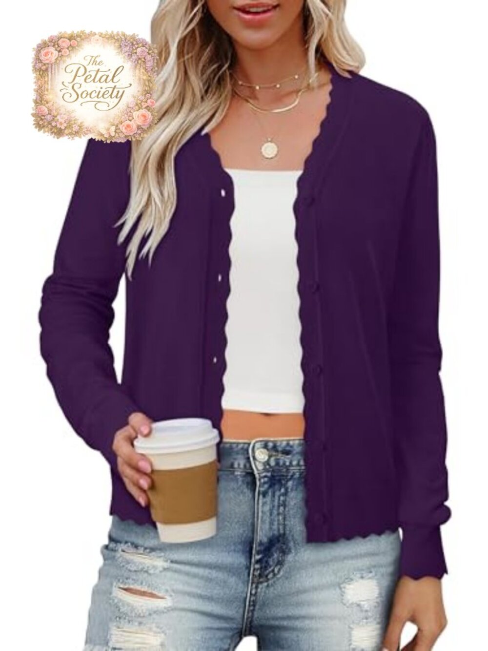 Women's Lightweight V-Neck Button Cardigan Ribbed Wave Edge Long Sleeve Knit